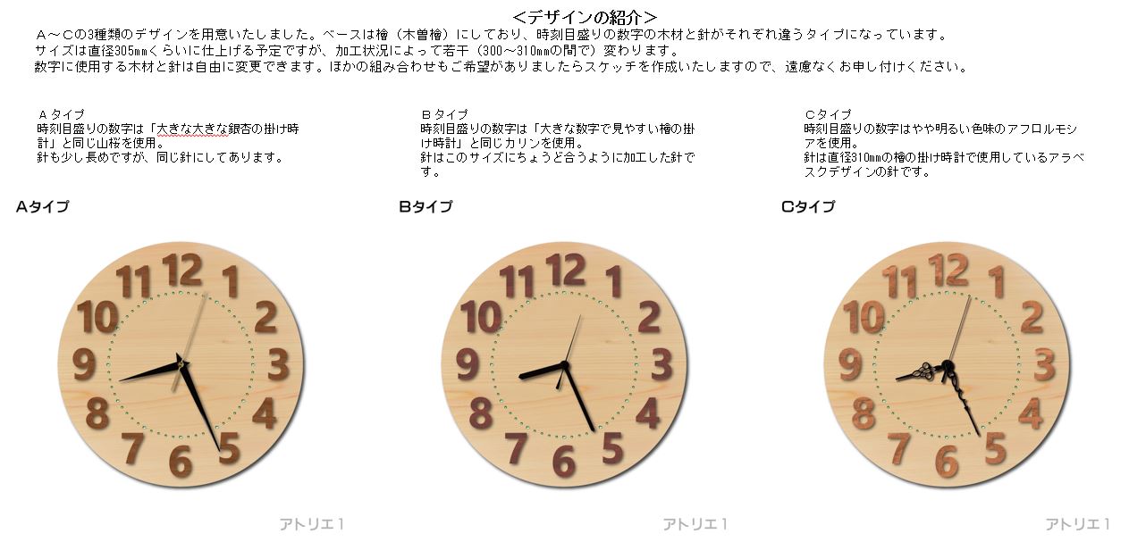 大きな数字の木曽檜の掛け時計 案 銘木の木目を活かすデザイン